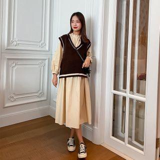 Long-sleeve Midi A-line Dress/ V-neck Knit Vest / Set