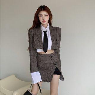 Plaid Cropped Open-front Blazer / Crop Shirt / Tie / Mini Pencil Skirt / Set