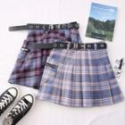 Plaid High-waist Pleated Mini Skirt With Belt & Chain