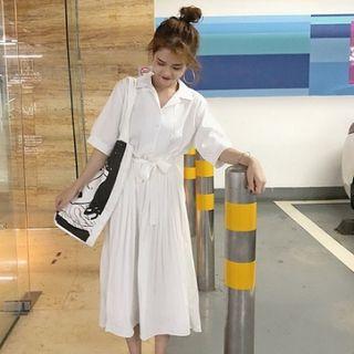 Tie Waist Elbow-sleeve Midi A-line Dress / Sweatshorts