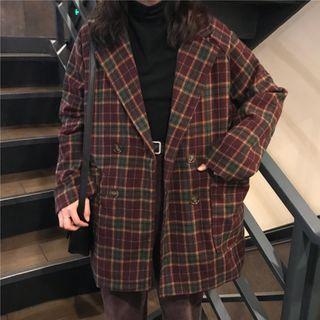 Plaid Double-breasted Blazer Wine Red & Green - One Size