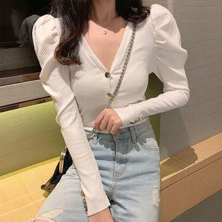 V-neck Balloon-sleeve Ribbed Cardigan