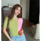 Short-sleeve Color Block Knit Crop Top Green & Pink - One Size