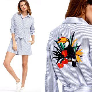 Bird Embroidered Striped Shirt Playsuit
