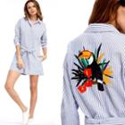 Bird Embroidered Striped Shirt Playsuit