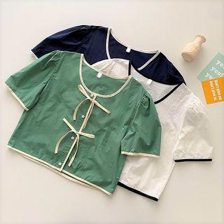 Short-sleeve Two-tone Lace-up Top