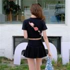 Set: Short-sleeve Flower Embroidered Tankini + Swim Skirt