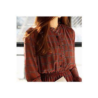 Gathered-waist Pattern Chiffon Maxi Shirtdress