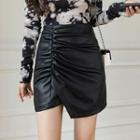 Faux Lather Shirred Pencil Skirt