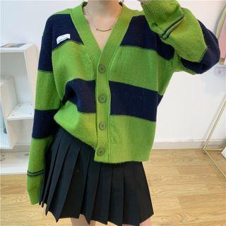 Long-sleeve V-neck Striped Lettering Label Knit Sweater Cardigan