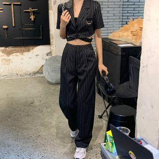 Striped Short-sleeve Blazer / Wide Leg Pants