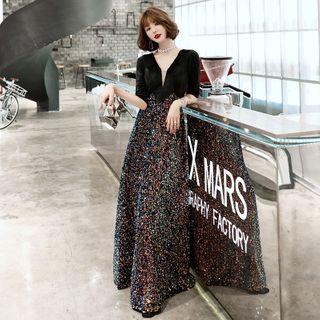 Sequined Elbow-sleeve Sheath Evening Gown