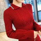 Long-sleeve Cable Knit A-line Midi Dress Red - One Size