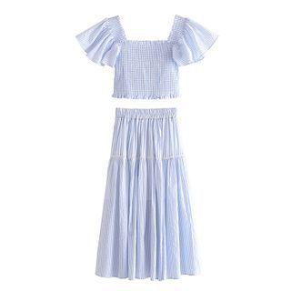 Square-neck Striped Cropped Blouse / Midi A-line Skirt / Set