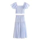 Square-neck Striped Cropped Blouse / Midi A-line Skirt / Set
