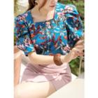 Square-neck Puff-sleeve Floral Blouse Blue Green - One Size