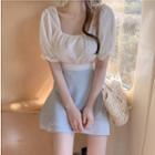 Bell-sleeve Blouse / Tie-waist Mini Skirt