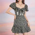 Puff Short-sleeve Square-neck Bow Lace-up Dress