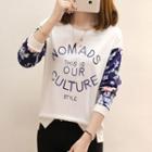 Floral Print Panel Letter Long-sleeve T-shirt