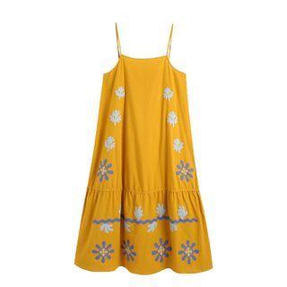 Spaghetti-strap Flower Embroidered Midi A-line Dress