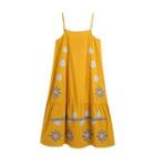 Spaghetti-strap Flower Embroidered Midi A-line Dress