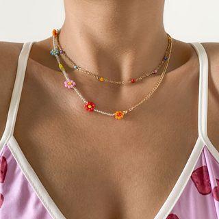 Flower Bead Layered Pendant Necklace Gold - One Size