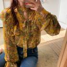 Ruffled Floral Print Bell-sleeve Blouse As Shown In Figure - One Size
