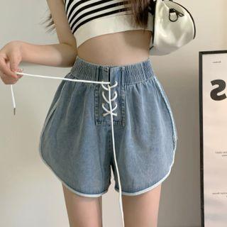 Elastic-waist Lace-up Denim Shorts