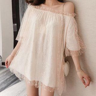 3/4-sleeve Off-shoulder Mesh Overlay Mini Shift Dress