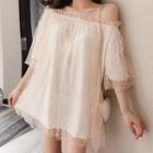 3/4-sleeve Off-shoulder Mesh Overlay Mini Shift Dress