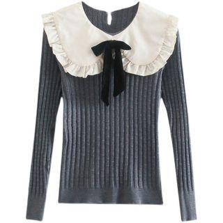 Peter Pan Collar Ribbed Knit Top