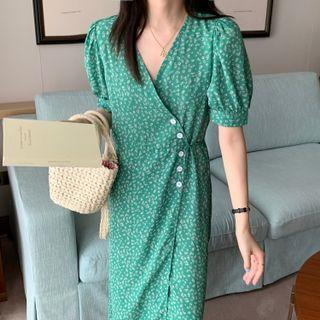 Puff-sleeve V-neck Floral Wrapped Dress
