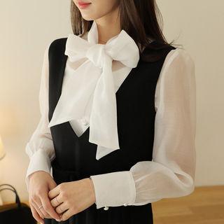 Puff-shoulder Beribboned Sheer Blouse