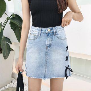 Lace Up Detail A-line Denim Skirt