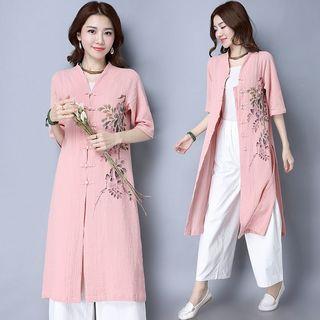 Printed Elbow-sleeve Frog-button Long Jacket