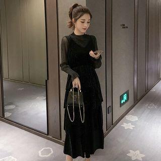 Set: Mock-turtleneck Long-sleeve Mesh Top + Layered Maxi A-line Pinafore Dress