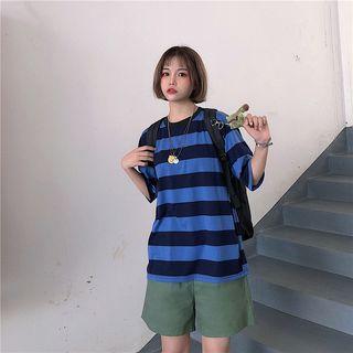 Elbow-sleeve Striped T-shirt / Plain Shorts / Set