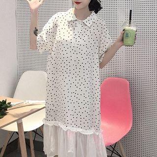 Elbow-sleeve Sheer Panel Dotted Midi Dress