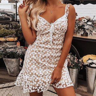 Ruffle Strap Floral Print A-line Lace Dress