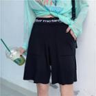 Printed Long-sleeve Tie-front T-shirt / Lettering Knit Shorts