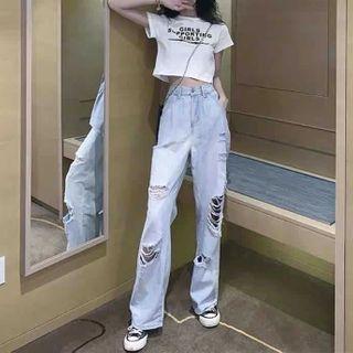 Short-sleeve Lettering Print Cropped T-shirt / Distressed Straight-fit Jeans / Set