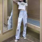 Short-sleeve Lettering Print Cropped T-shirt / Distressed Straight-fit Jeans / Set