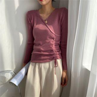 V Neck Plain Pleated Long-sleeve Top