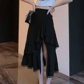 Irregular Lace Trim Midi A-line Skirt