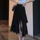 Irregular Lace Trim Midi A-line Skirt