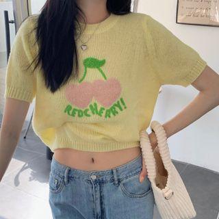 Short-sleeve Jacquard Knit Top Yellow - One Size