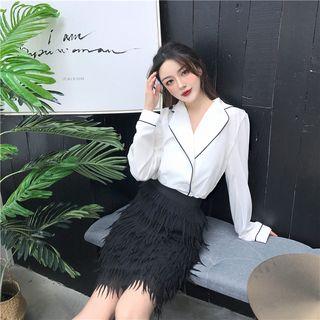 Color-block Long-sleeve Shirt / Fringed Skirt