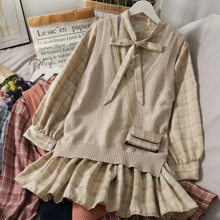 Set: Ribbon-accent Plaid Mini Dress + Loose-fit Knit Vest