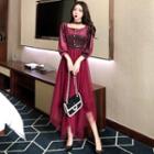 Set: Long-sleeve Houndstooth Panel Midi A-line Mesh Dress + Choker