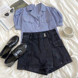 Puff-sleeve Striped Shirt Stripe - One Size